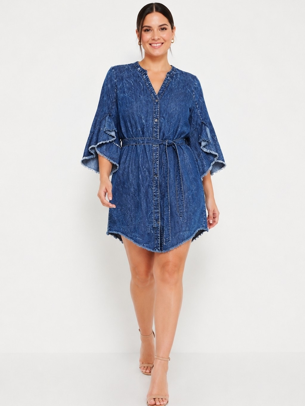 Women’s Given Kale Denim Shirt Dress Blue Bell Sleeve Tie Waist. Size S.